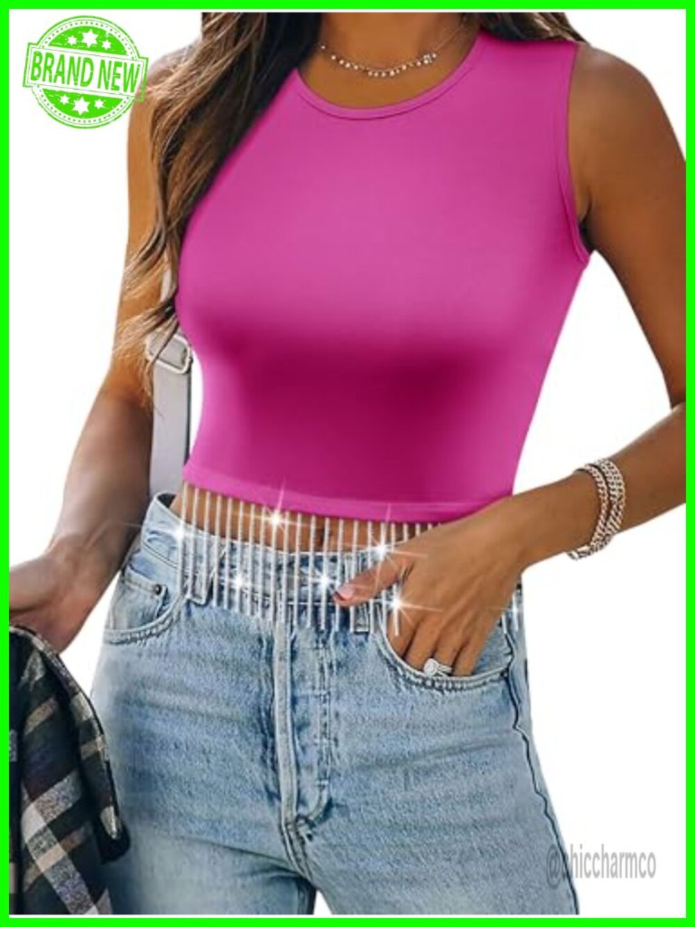 Ribbed Knit Sleeveless Tank Top with Sparkly Fringe Tassel Hem